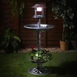 Mason & Jones - Solar Specialists 4-in-1 Bird Bath With Planter & Solar Light - Pewter