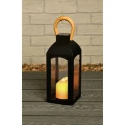 Garden Furniture Shop -Garden Furniture Shop 393040 solar powered wooden effect handle lantern with flame effect candle