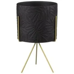 B&M Leaf Embossed Planter On Gold Stand - Black